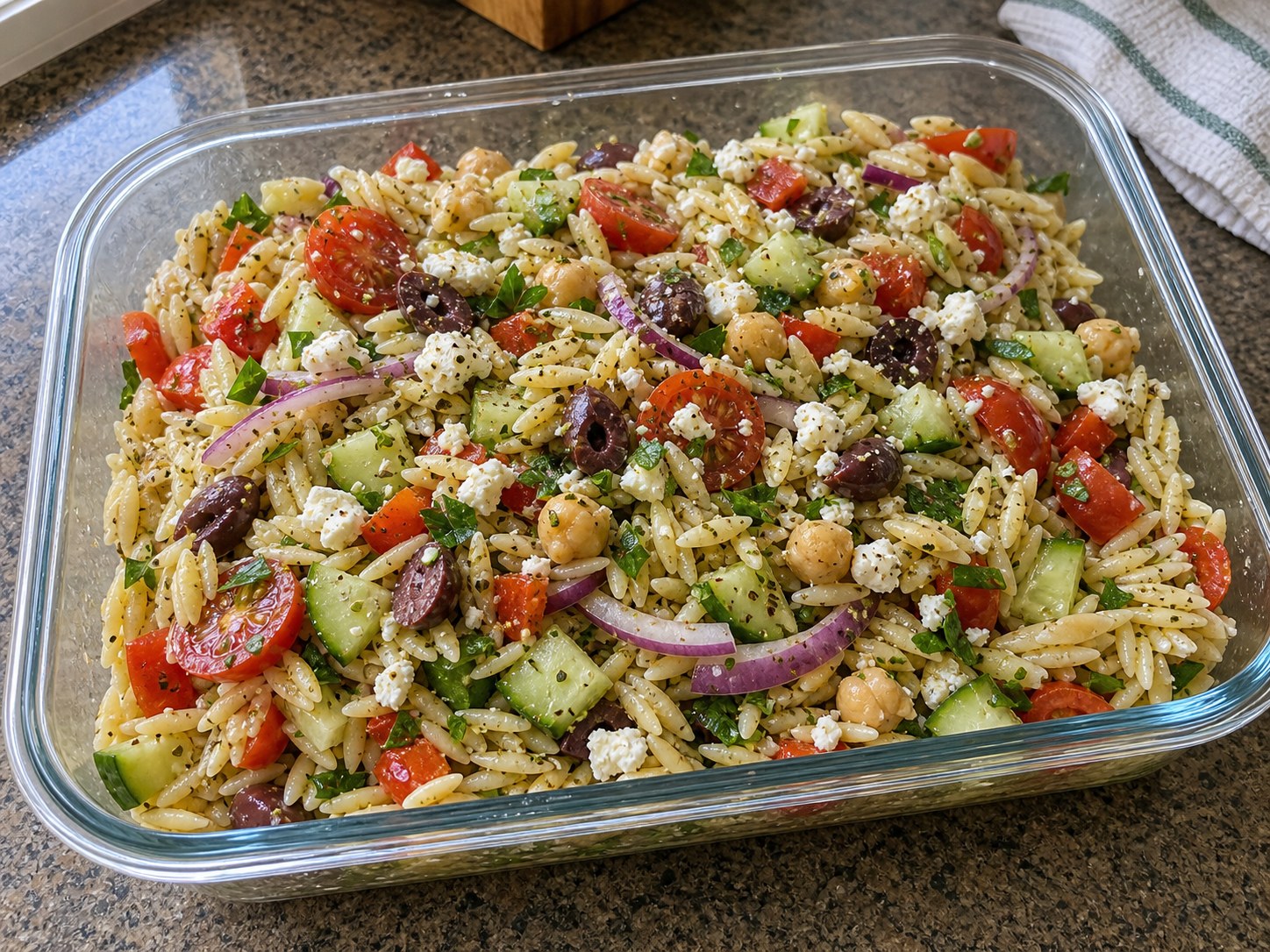 Finished Greek orzo chickpea salad lightly tossed with cucumber, tomatoes, red onion, bell pepper, feta, olives, herbs, lemon, and oregano.