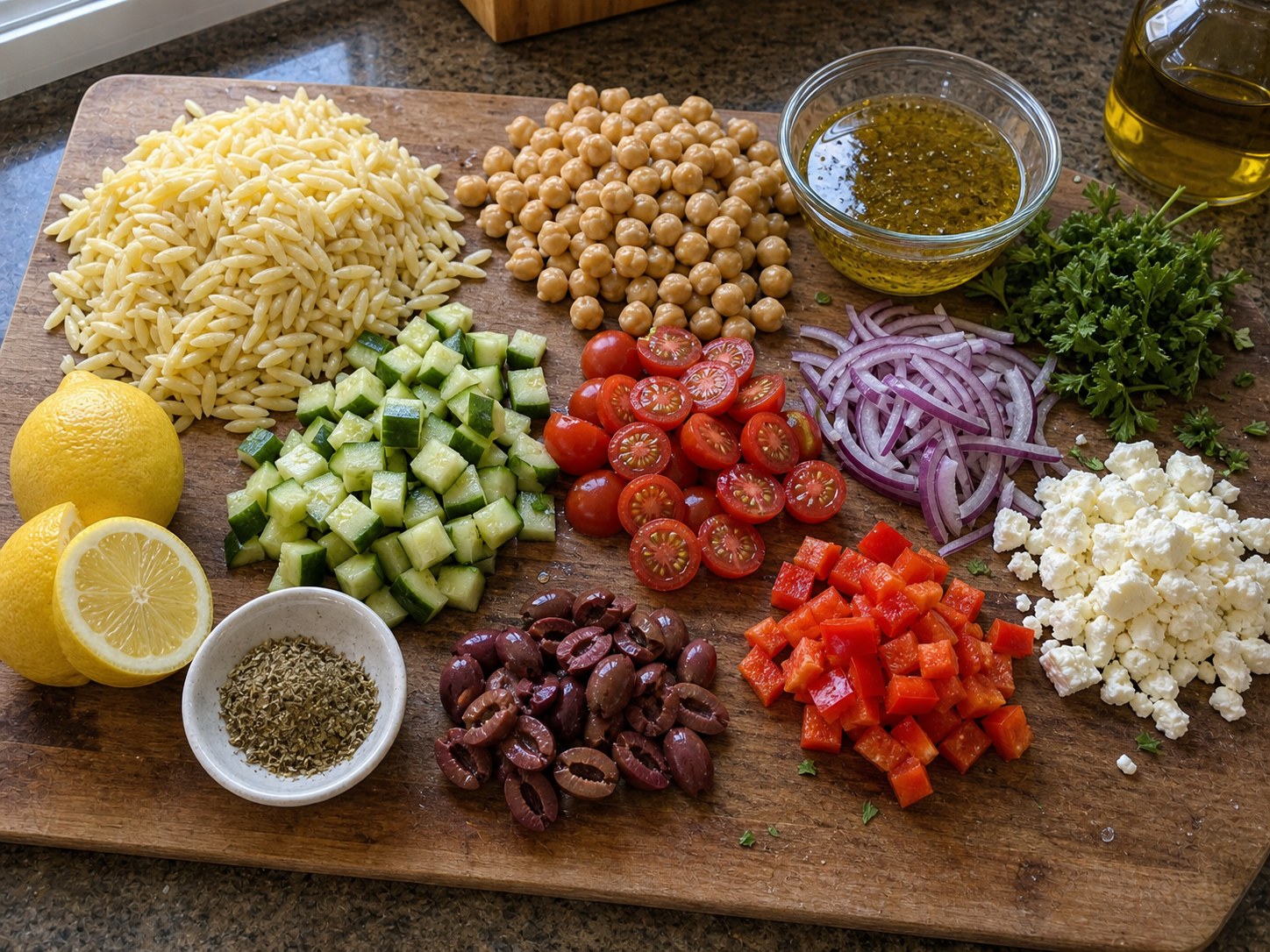 Greek orzo chickpea salad ingredients with orzo, chickpeas, cucumber, tomatoes, red onion, bell pepper, feta, olives, lemon, oregano, herbs, and olive oil.