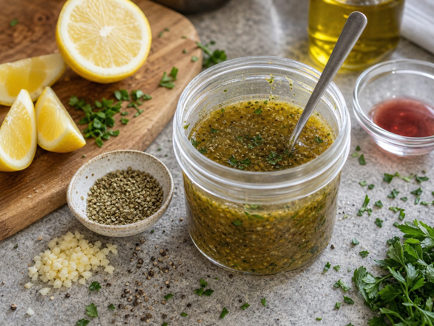 Lemon oregano vinaigrette in a jar for Greek orzo chickpea salad.
