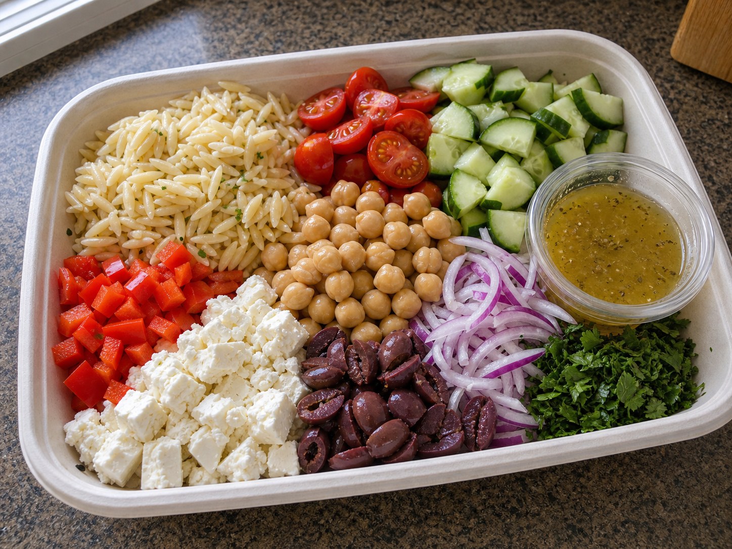 Unmixed Greek orzo chickpea salad packed with orzo, chickpeas, cucumber, tomatoes, red onion, bell pepper, feta, olives, herbs, and lemon oregano dressing cup.