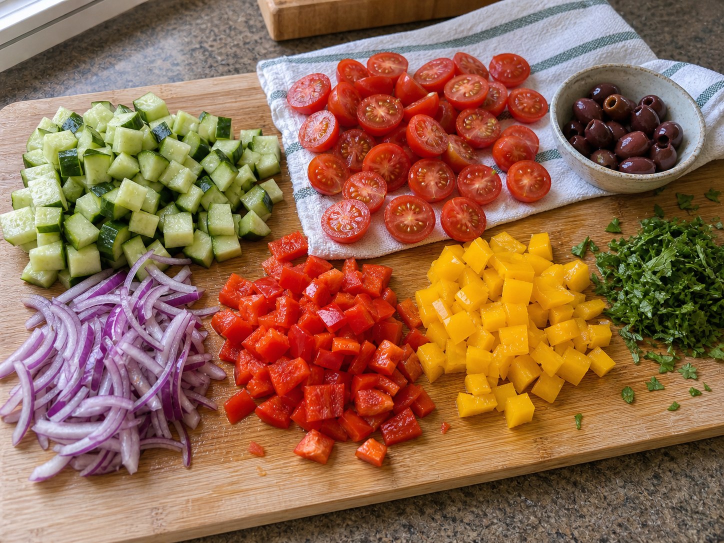 Chopped cucumber, cherry tomatoes, red onion, bell pepper, olives, and herbs for Greek orzo chickpea salad.