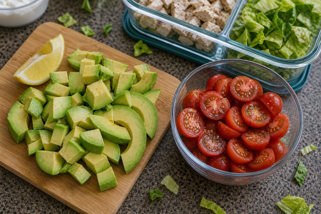 Avocado chunks and halved cherry tomatoes prepared for high-protein Cobb salad.