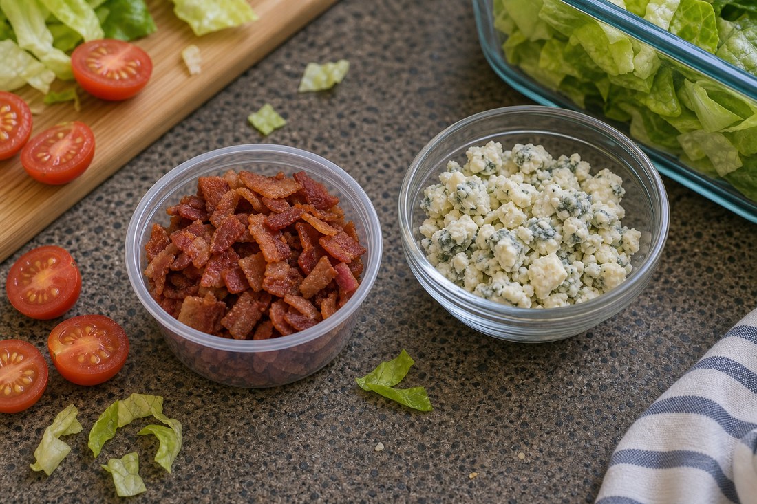 Crispy turkey bacon pieces and blue cheese crumbles kept separate for Cobb salad.