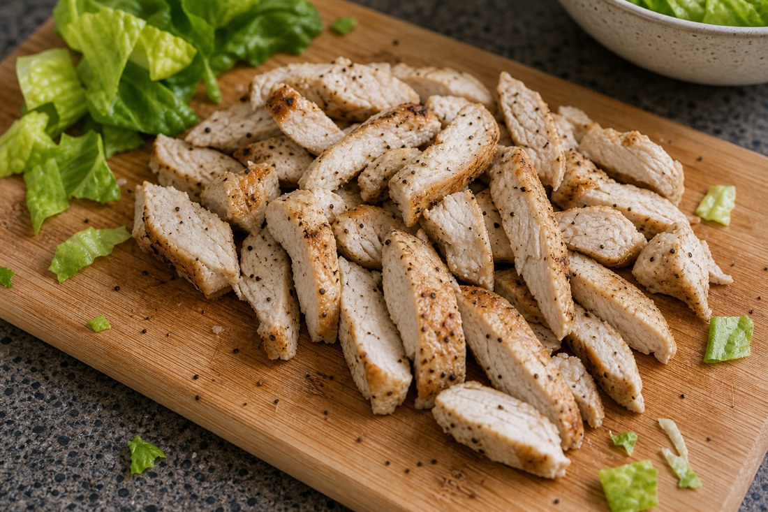 Cooled sliced chicken breast prepared for Cobb salad lunch.