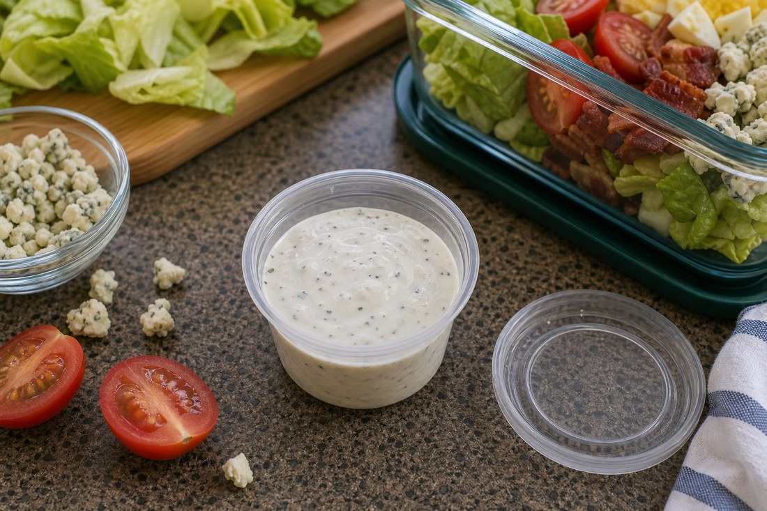 Small cup of creamy herb dressing for Cobb salad lunch.
