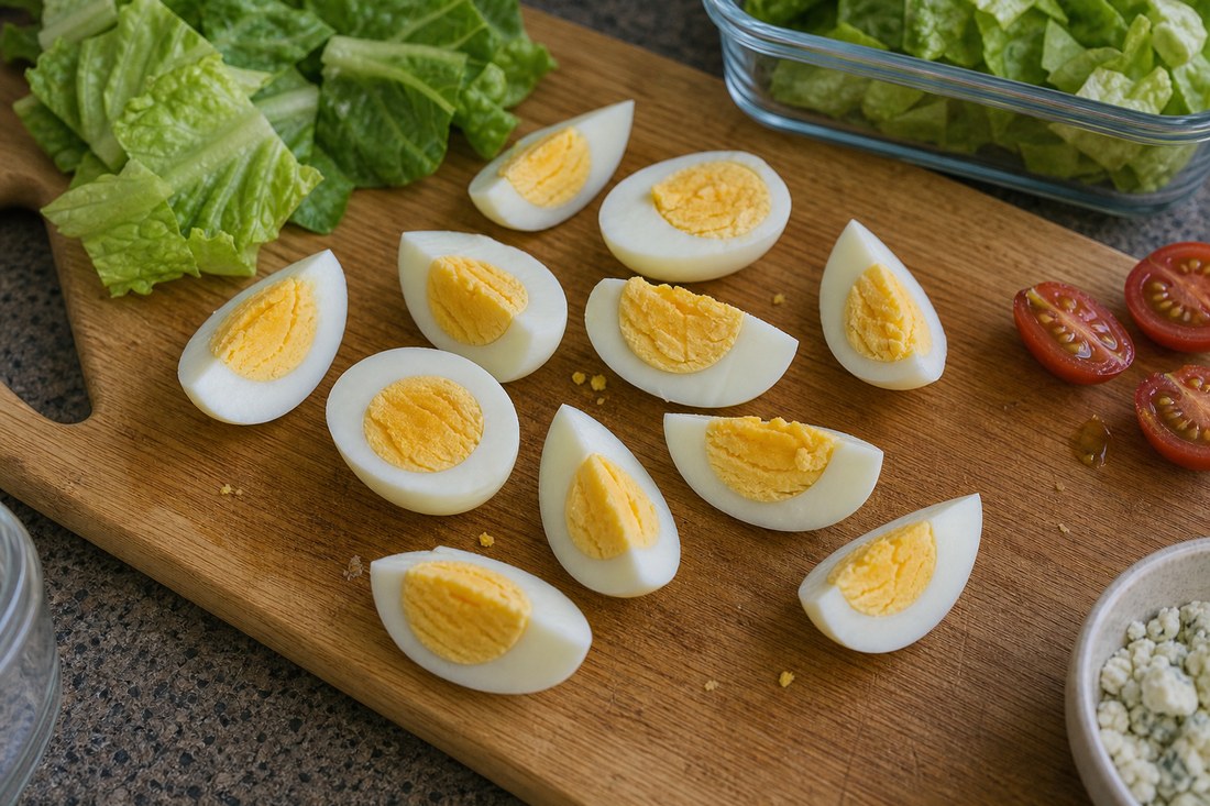 Hard-boiled egg wedges prepared for a Cobb salad lunch box.
