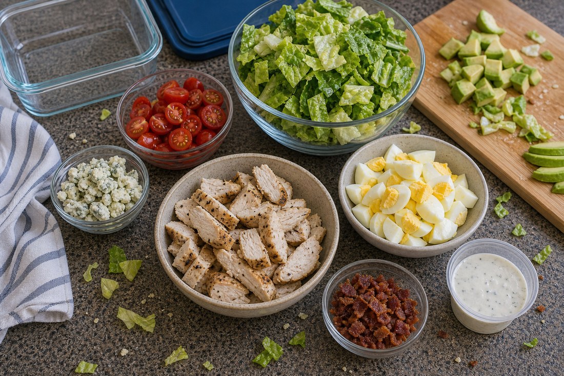High-protein Cobb salad ingredients with chicken, romaine, eggs, avocado, tomatoes, turkey bacon, blue cheese, and dressing.