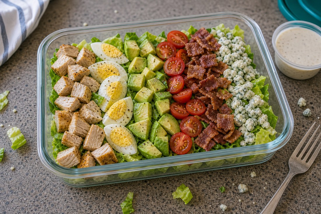 Cobb salad packed in clear sections with chicken, egg, avocado, tomatoes, bacon, blue cheese, and romaine.