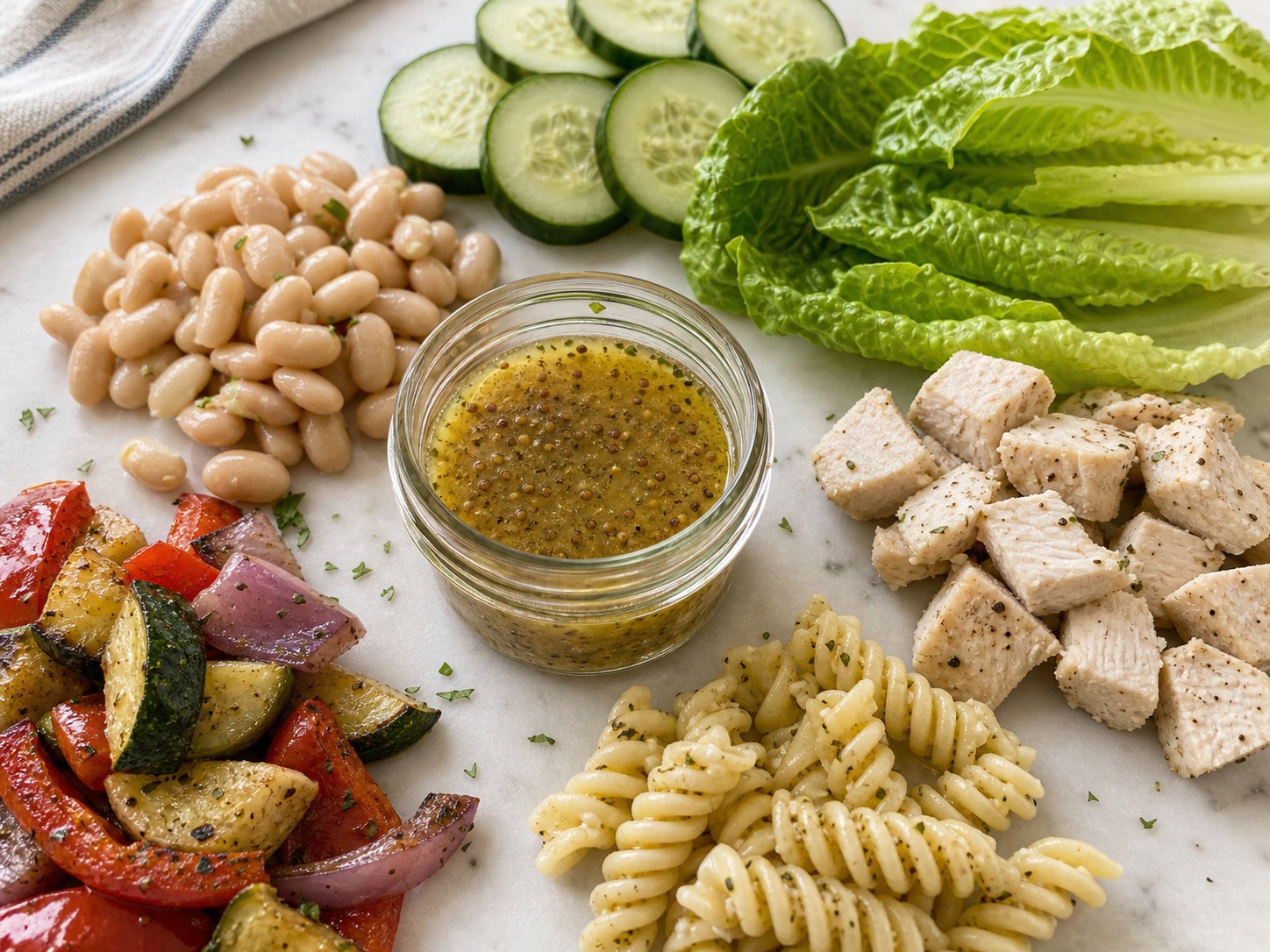 Lemon herb vinaigrette beside cold salad ingredients such as beans, cucumber, lettuce, pasta, tofu, chicken, and roasted vegetables.
