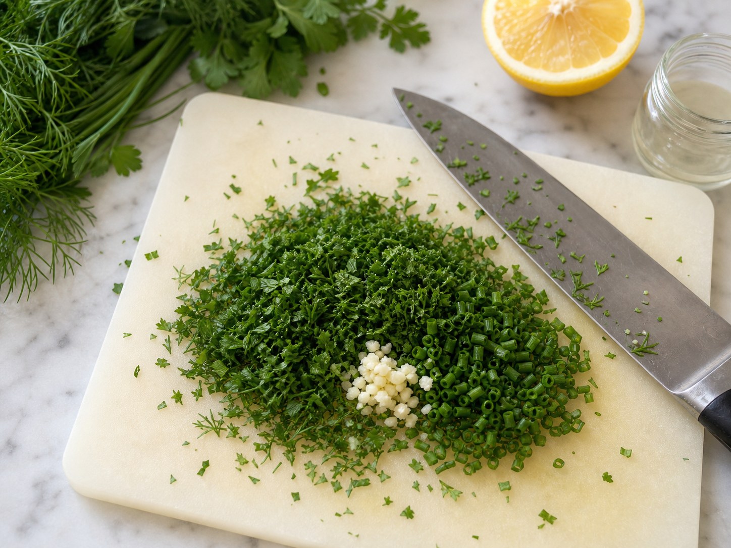 Parsley, dill, chives, and garlic chopped small for lemon herb vinaigrette.