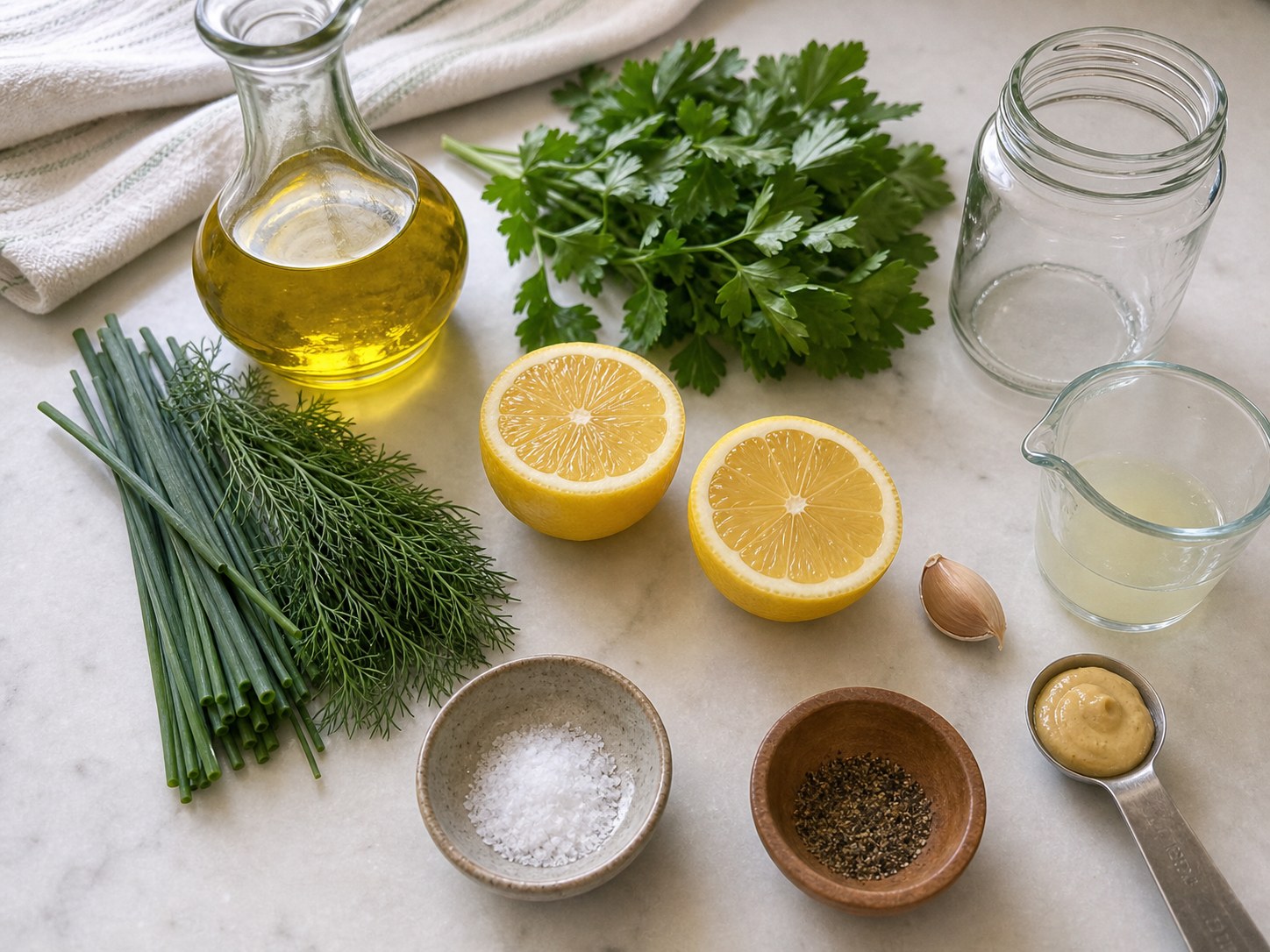 Lemon herb vinaigrette ingredients with olive oil, lemon, herbs, garlic, Dijon, salt, pepper, and an empty jar.