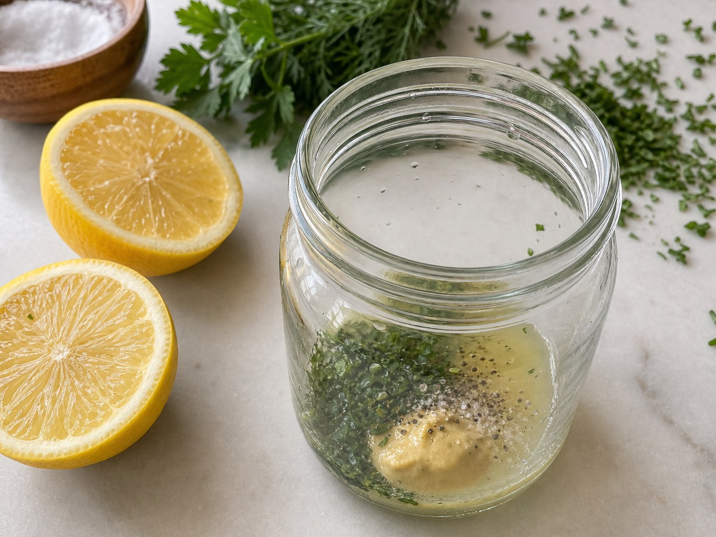 Lemon juice, Dijon mustard, herbs, garlic, salt, and pepper in a jar before oil is added.