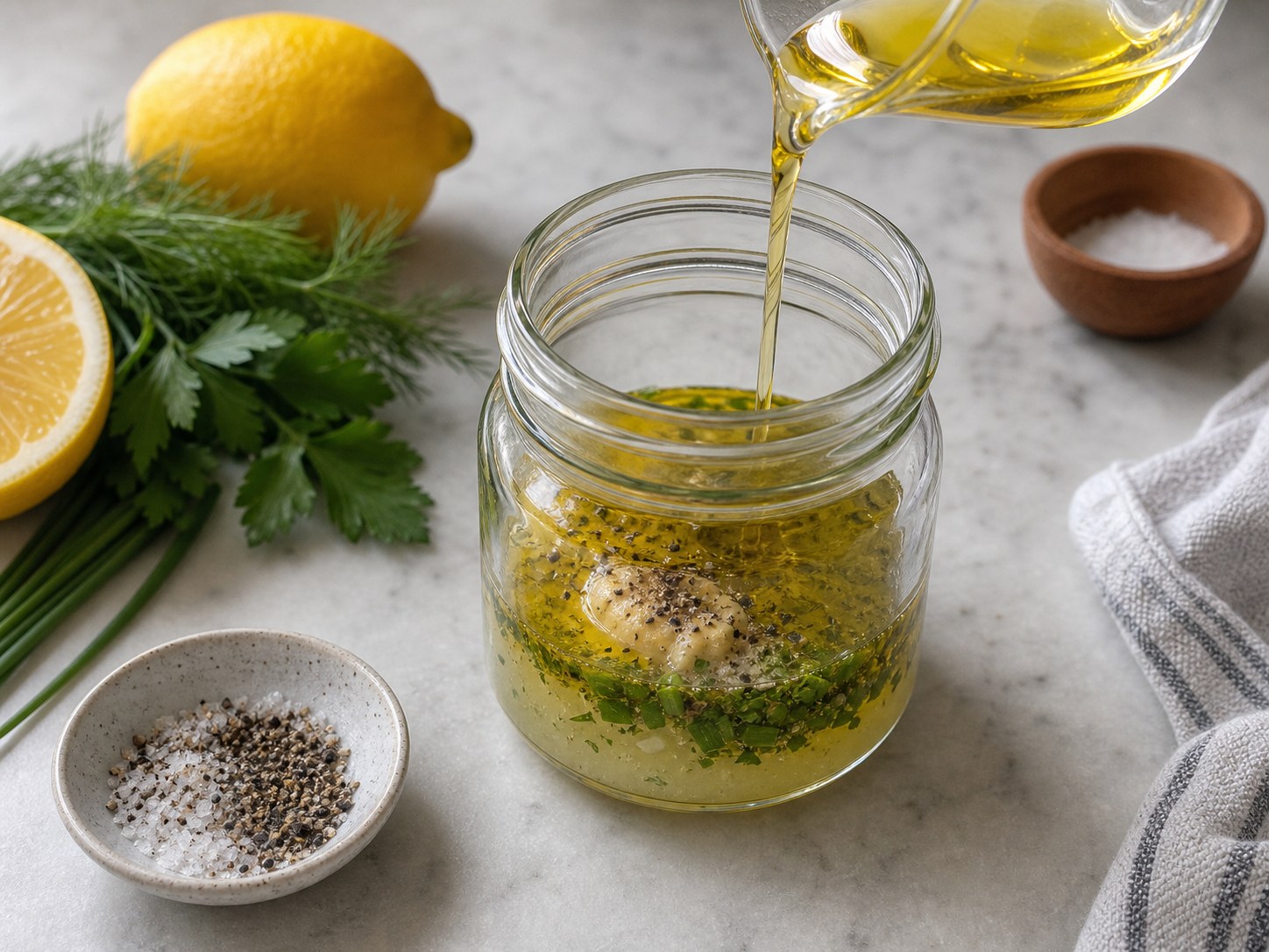 Olive oil being poured into a jar of lemon herb vinaigrette base.