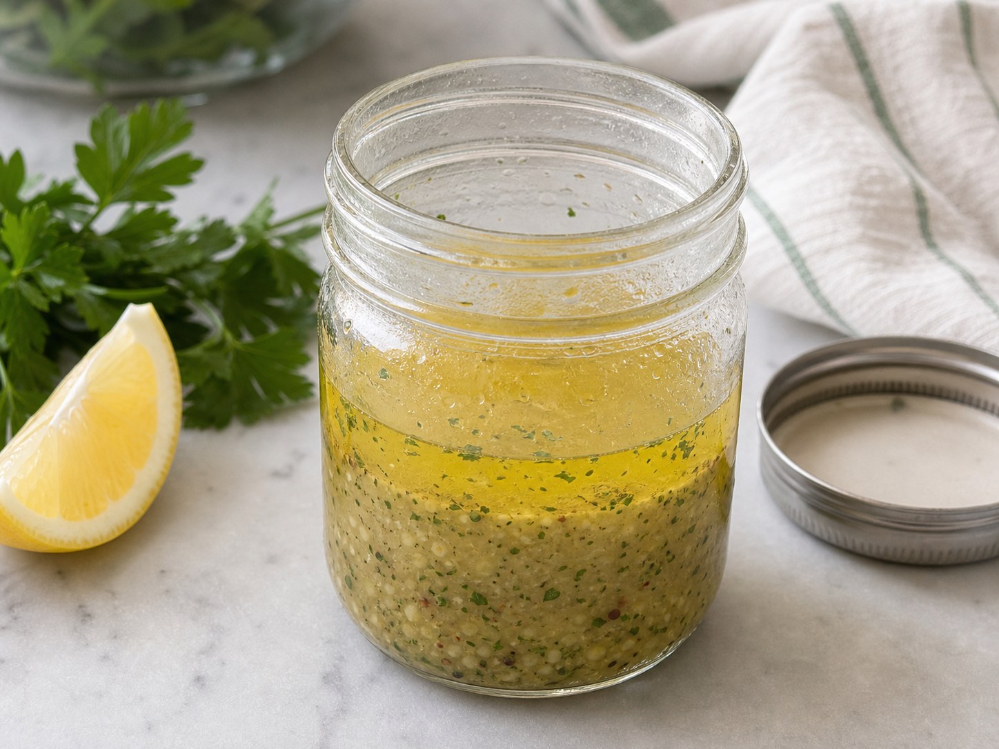 Lemon herb vinaigrette in a jar after the oil and lemon have separated.
