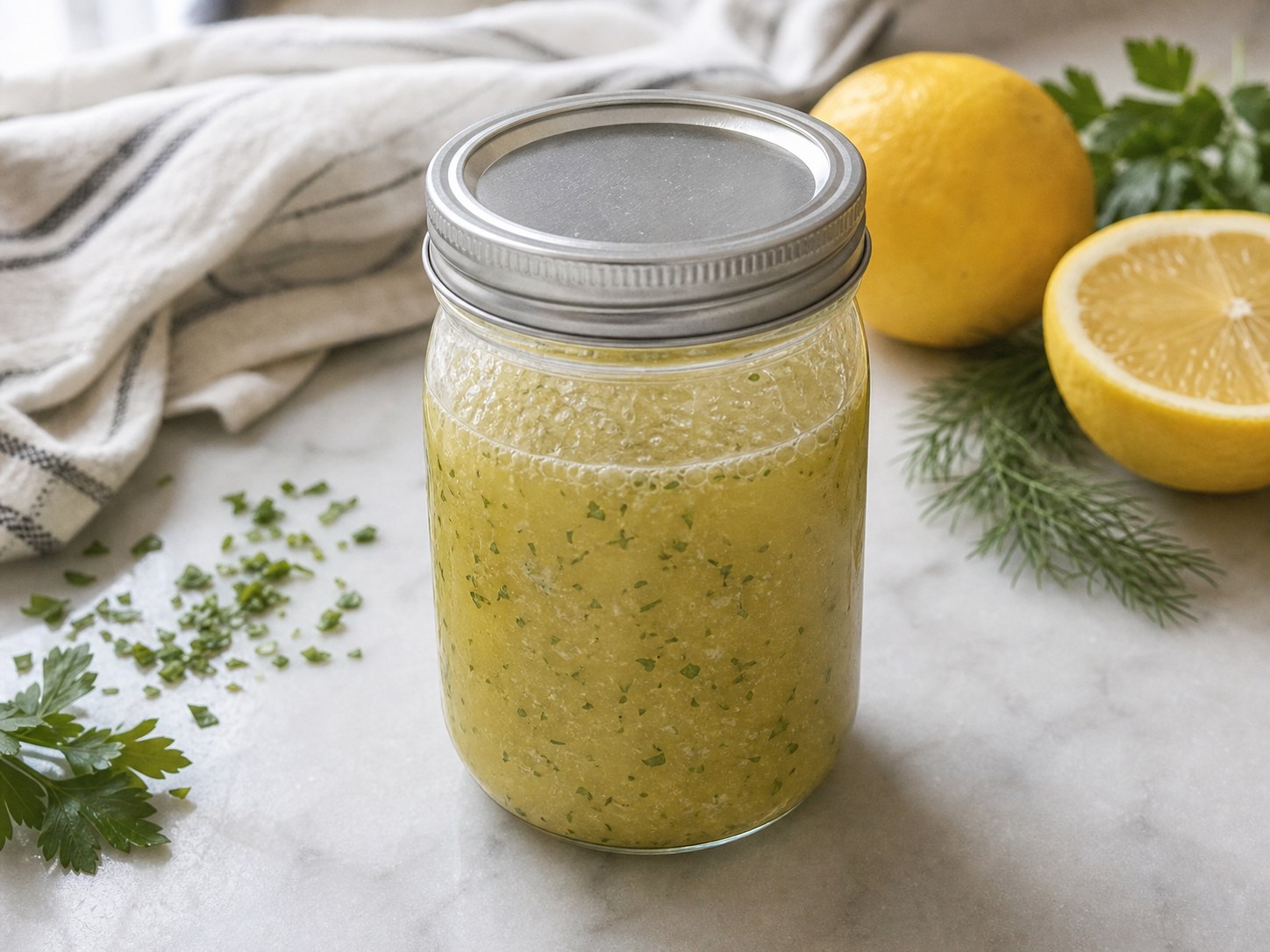 Lemon herb vinaigrette shaken until cloudy and flecked with chopped herbs.