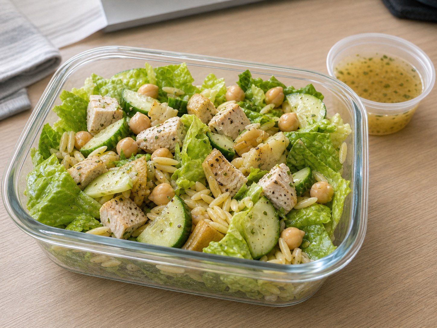 Small sealed cup of lemon herb vinaigrette packed beside a work salad container.