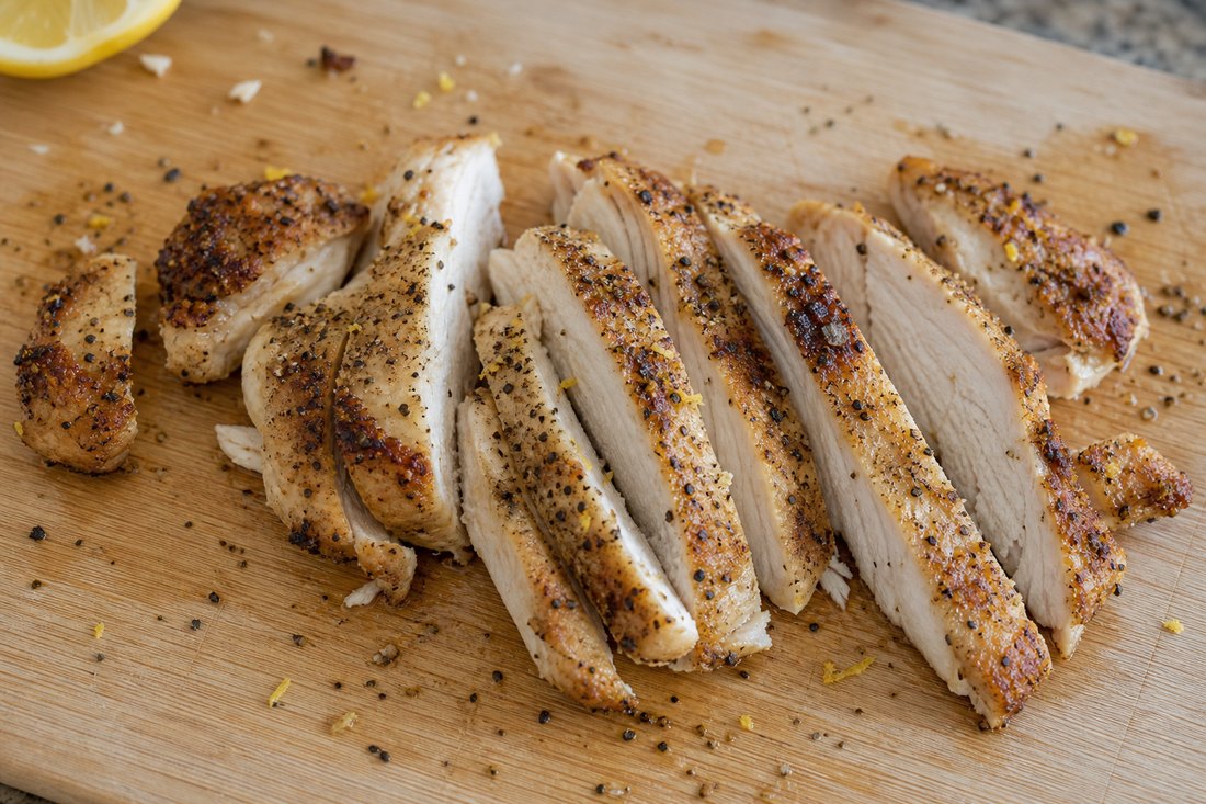 Cooked lemon pepper chicken strips with browned peppered edges.