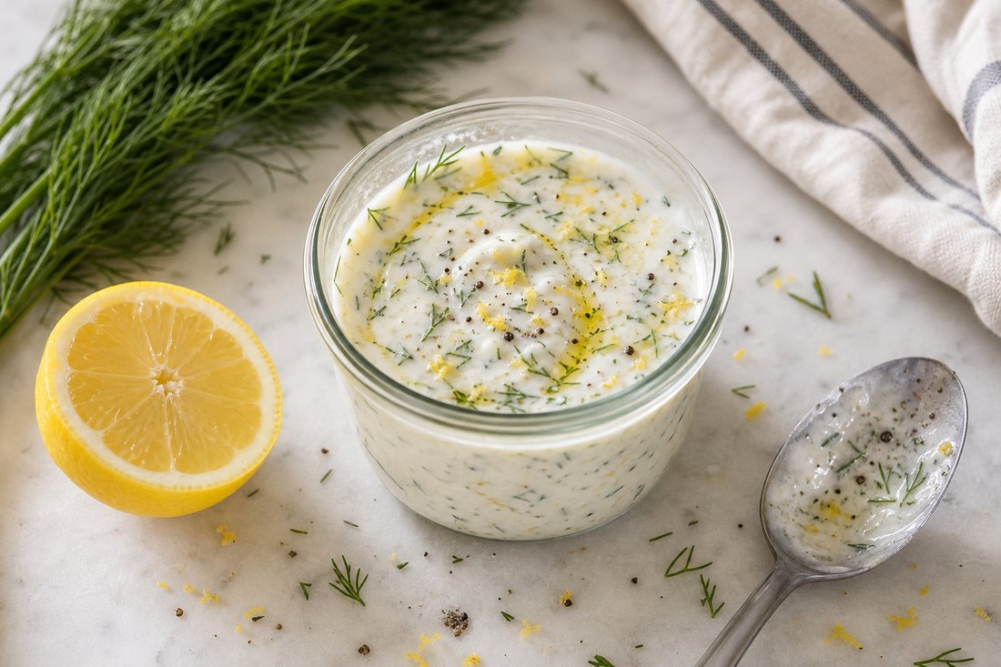Lemon dill yogurt dressing with lemon and dill nearby.