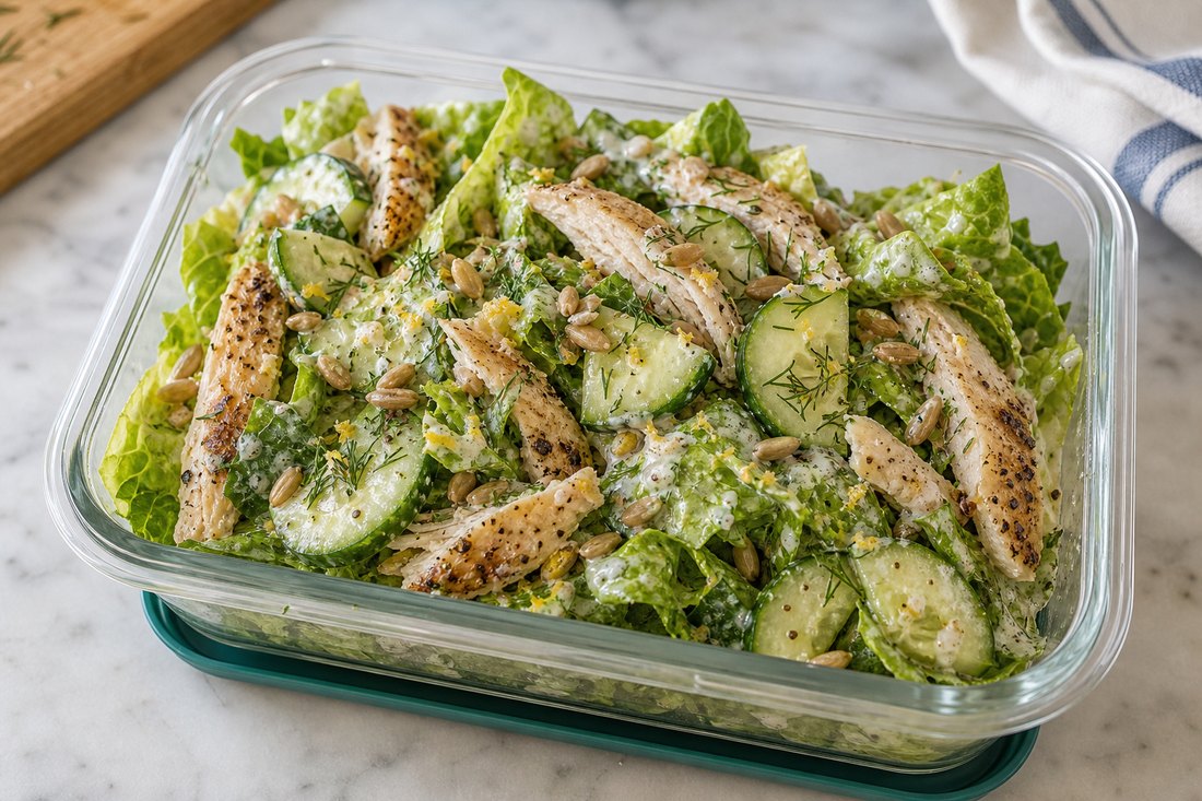 Finished lemon pepper chicken cucumber salad with dill dressing and sunflower seeds.