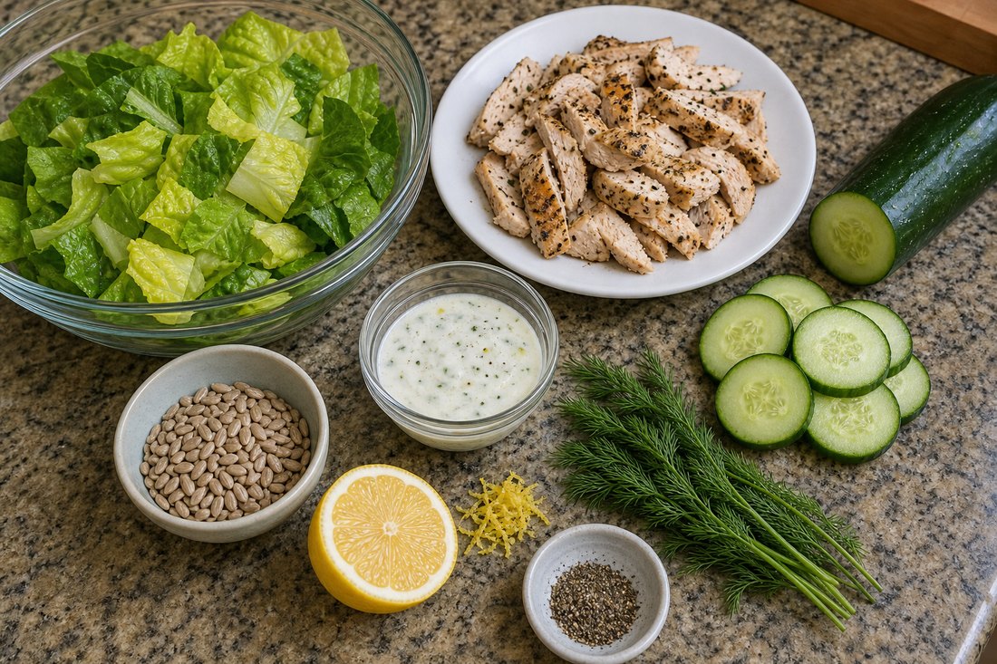 Lemon pepper chicken cucumber salad ingredients with romaine, cucumber, chicken, lemon, dill dressing, and sunflower seeds.