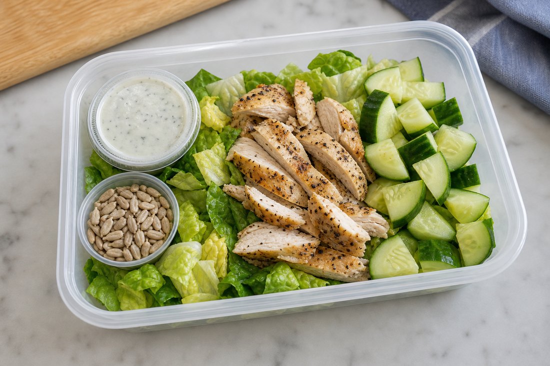 Packed lemon pepper chicken cucumber salad box with dressing and sunflower seeds separate.