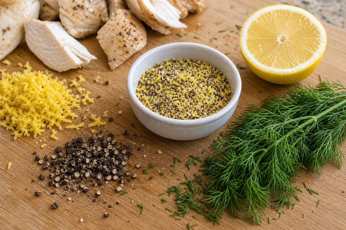 Lemon zest, black pepper, dill, and lemon pepper seasoning for chicken salad.
