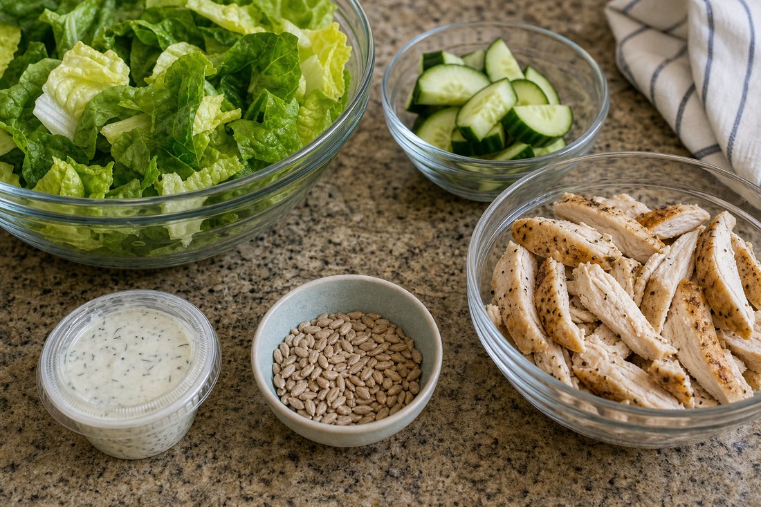 Sunflower seeds kept separate beside lemon pepper chicken salad ingredients.