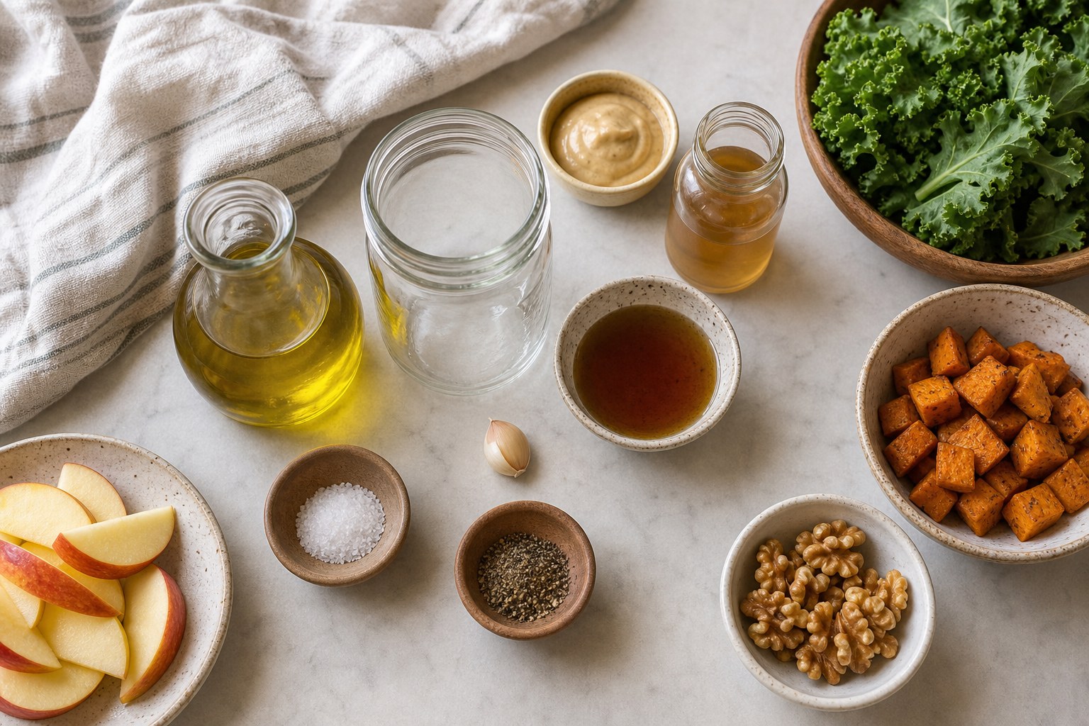Maple mustard dressing ingredients with olive oil, Dijon mustard, maple syrup, vinegar, salt, pepper, garlic, kale, apple, roasted sweet potato, and walnuts.