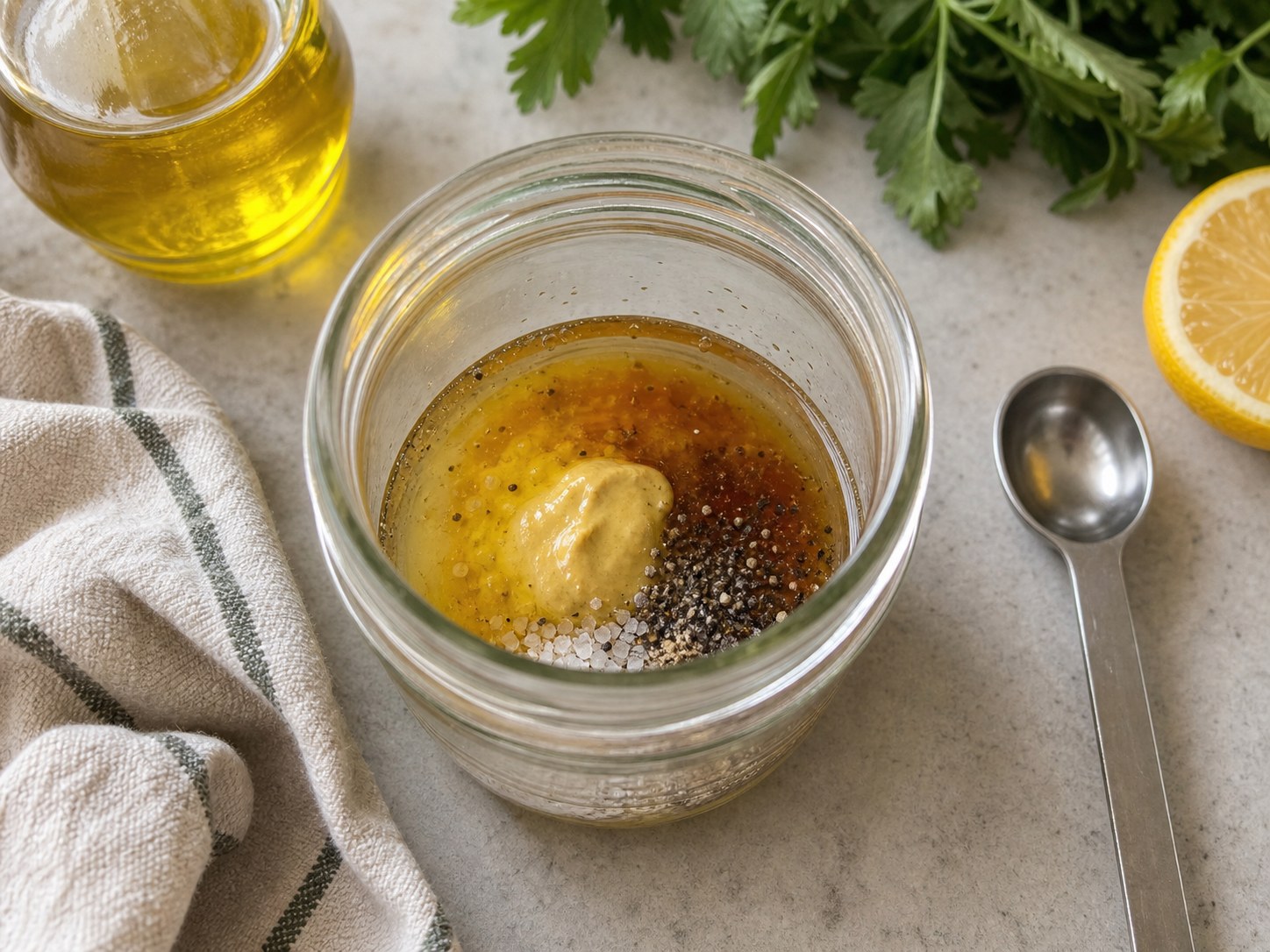 Dijon mustard, maple syrup, vinegar, salt, and black pepper in a glass jar before oil is added.
