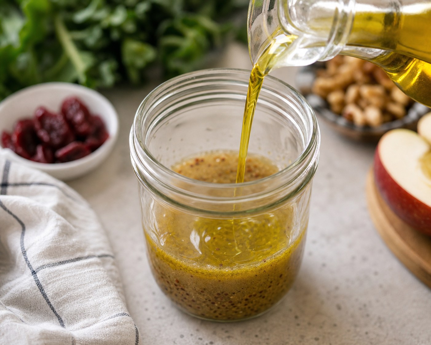 Olive oil being poured into a glass jar of maple mustard dressing base.