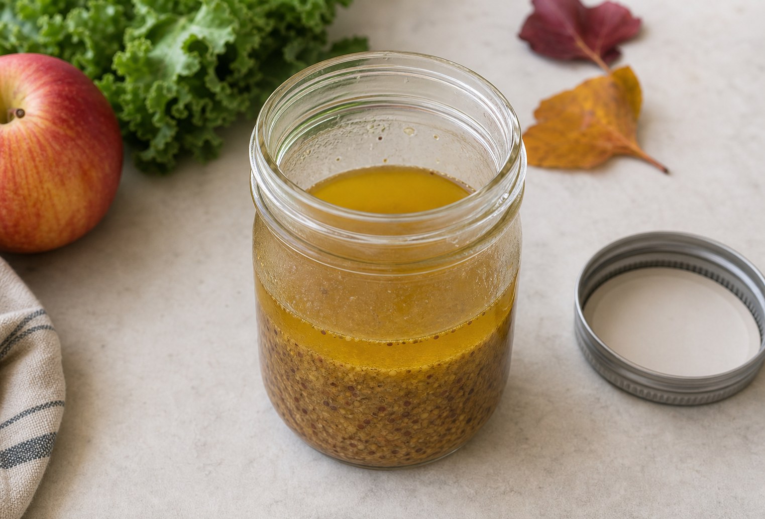 Maple mustard dressing separated in a jar with oil on top and mustard specks below.