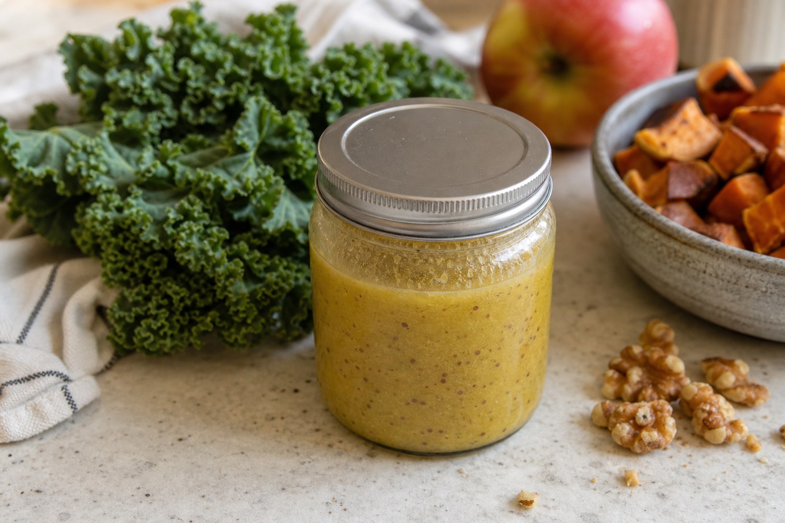 Maple mustard dressing shaken smooth in a small glass jar with kale and roasted sweet potato nearby.