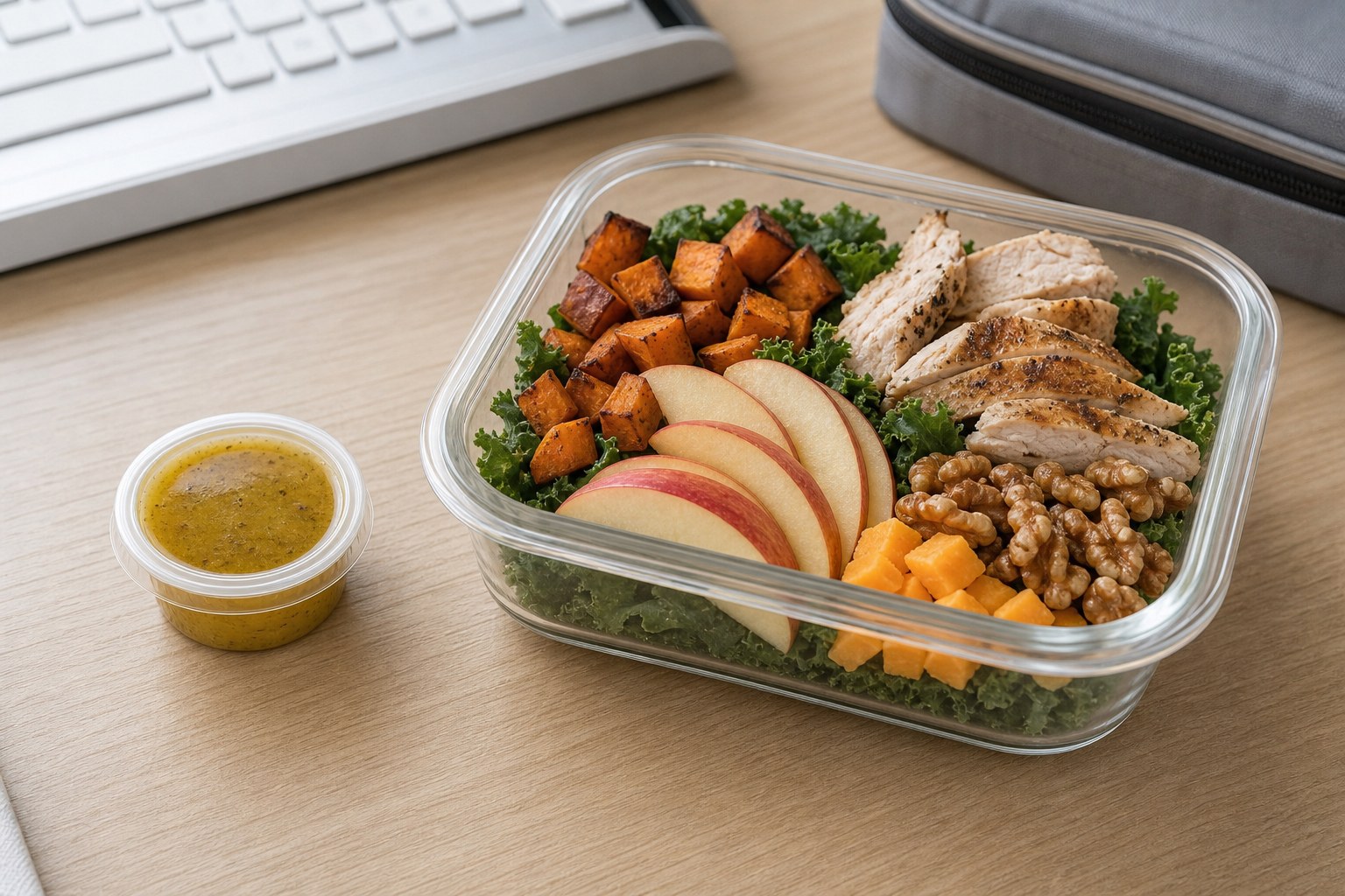 Small sealed cup of maple mustard dressing beside an undressed fall salad lunch container.