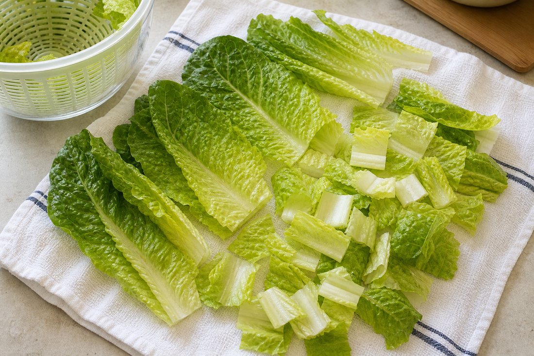 Romaine hearts drying on a kitchen towel before Mediterranean chickpea meal prep salad.
