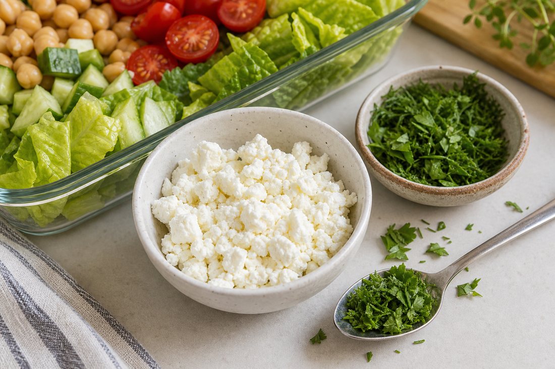 Crumbled feta and chopped herbs ready to finish Mediterranean chickpea meal prep salad.