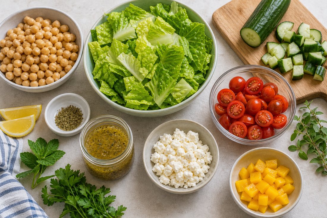 Mediterranean chickpea meal prep salad ingredients with chickpeas, romaine, cucumber, tomatoes, yellow bell pepper, vinaigrette, feta, and herbs.