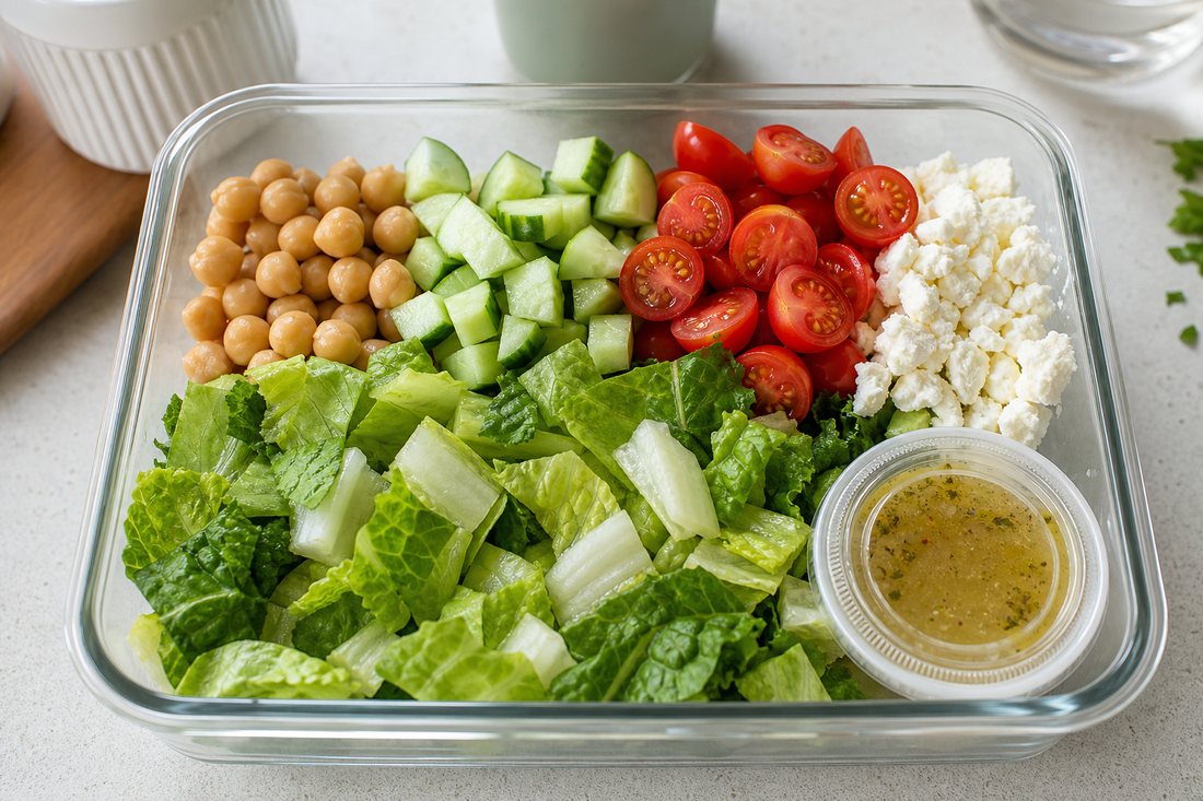 Mediterranean chickpea meal prep lunch box before dressing with chickpeas, cucumber, romaine, tomatoes, feta, herbs, and a separate vinaigrette cup.