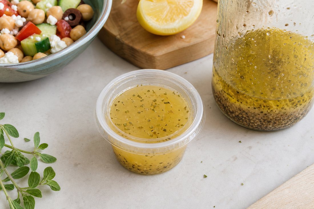 Small sealed cup of lemon oregano vinaigrette beside a jar for Mediterranean chickpea meal prep salad.