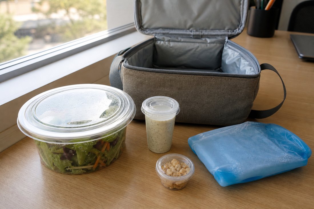 A sealed salad container, dressing cup, topping cup, ice pack, and insulated lunch bag.