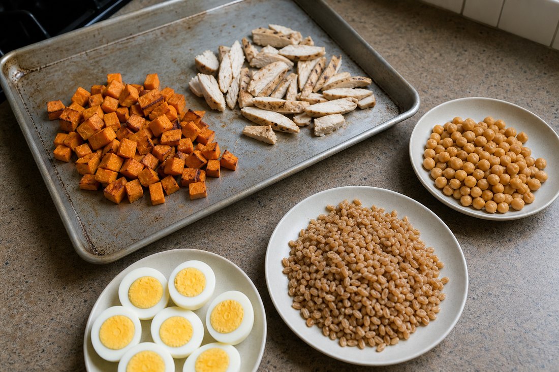 Cooked chicken, roasted sweet potato, eggs, chickpeas, and farro cooling separately before salad packing.