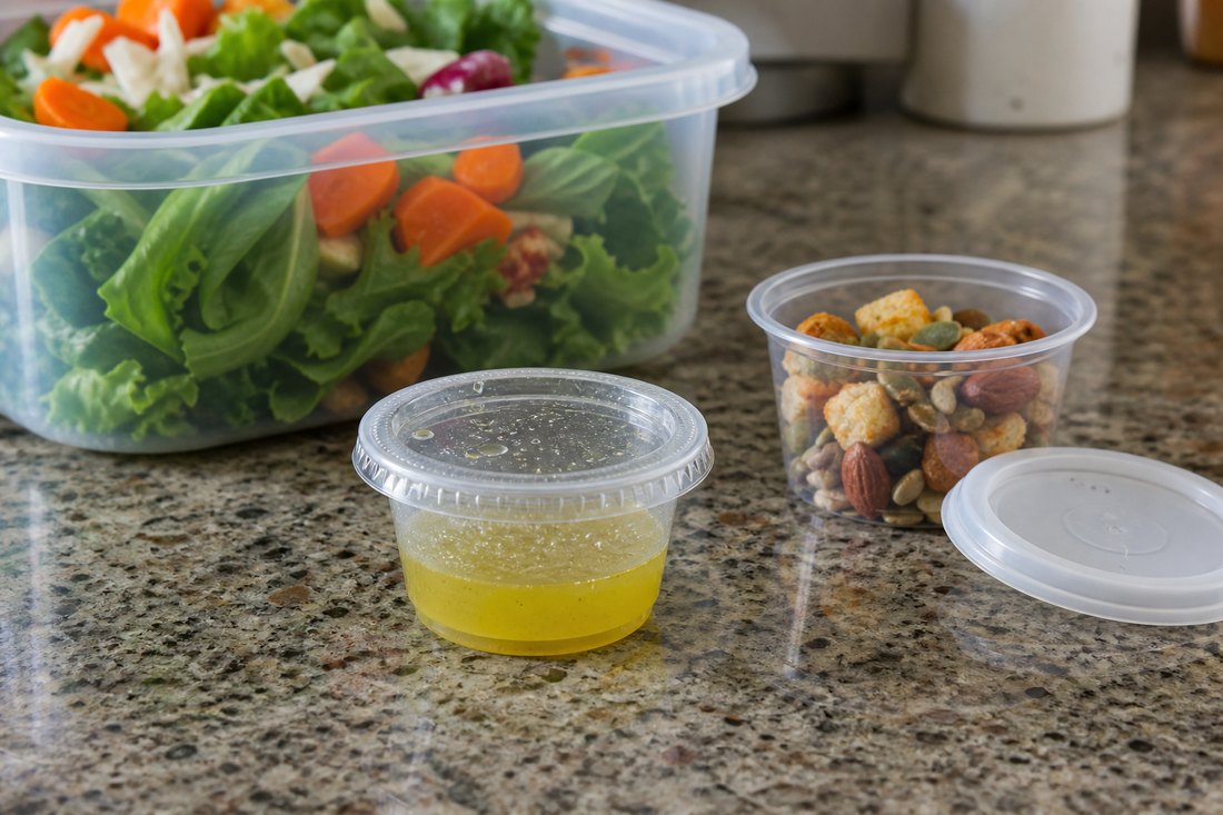 A sealed dressing cup and a separate dry topping cup beside a packed salad container.
