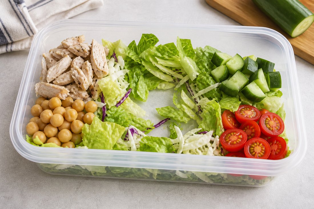 A shallow salad container with dry greens, cooled chicken, chickpeas, cucumber, and tomatoes arranged with room to toss.