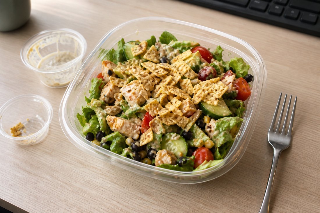 A work lunch salad opened at a desk with dressing and crunchy toppings added at lunch.