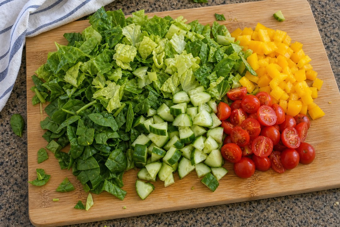 Chopped romaine, spinach, cucumber, tomatoes, and yellow pepper for pesto chicken salad.