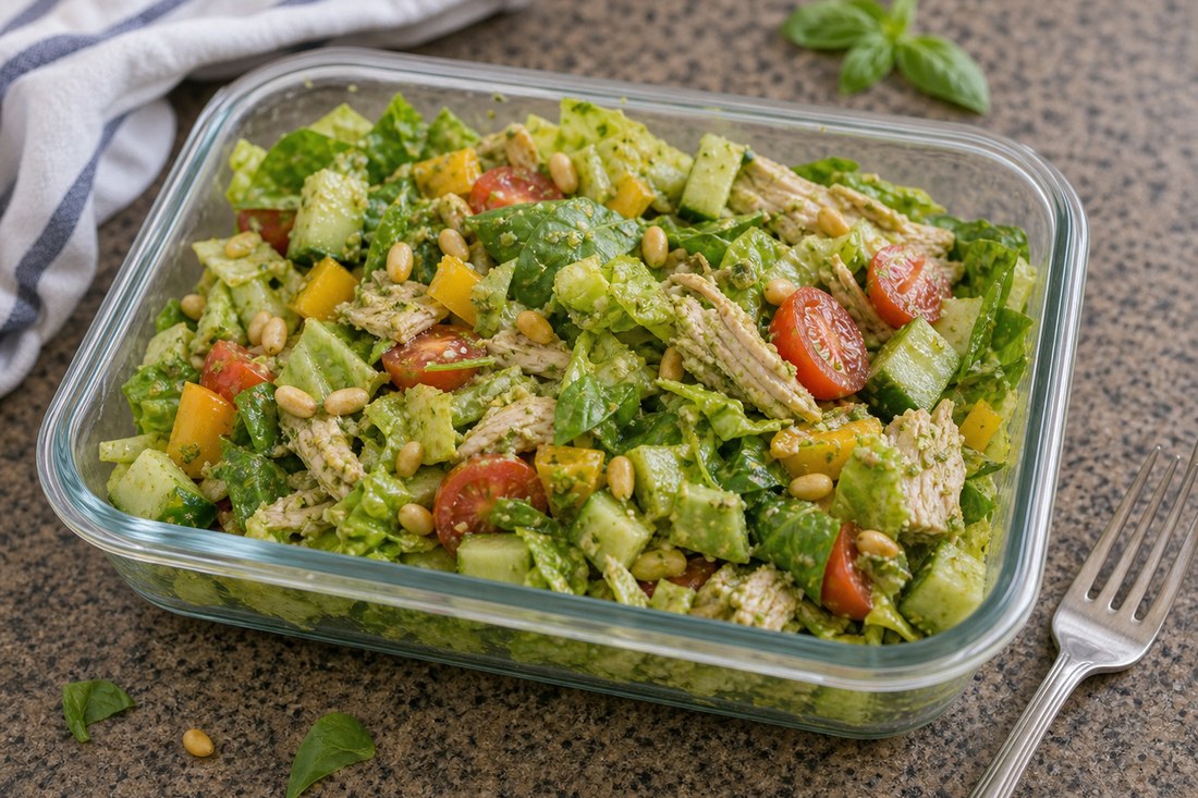 Finished pesto chicken chopped salad with lemon pesto dressing and pine nuts added.