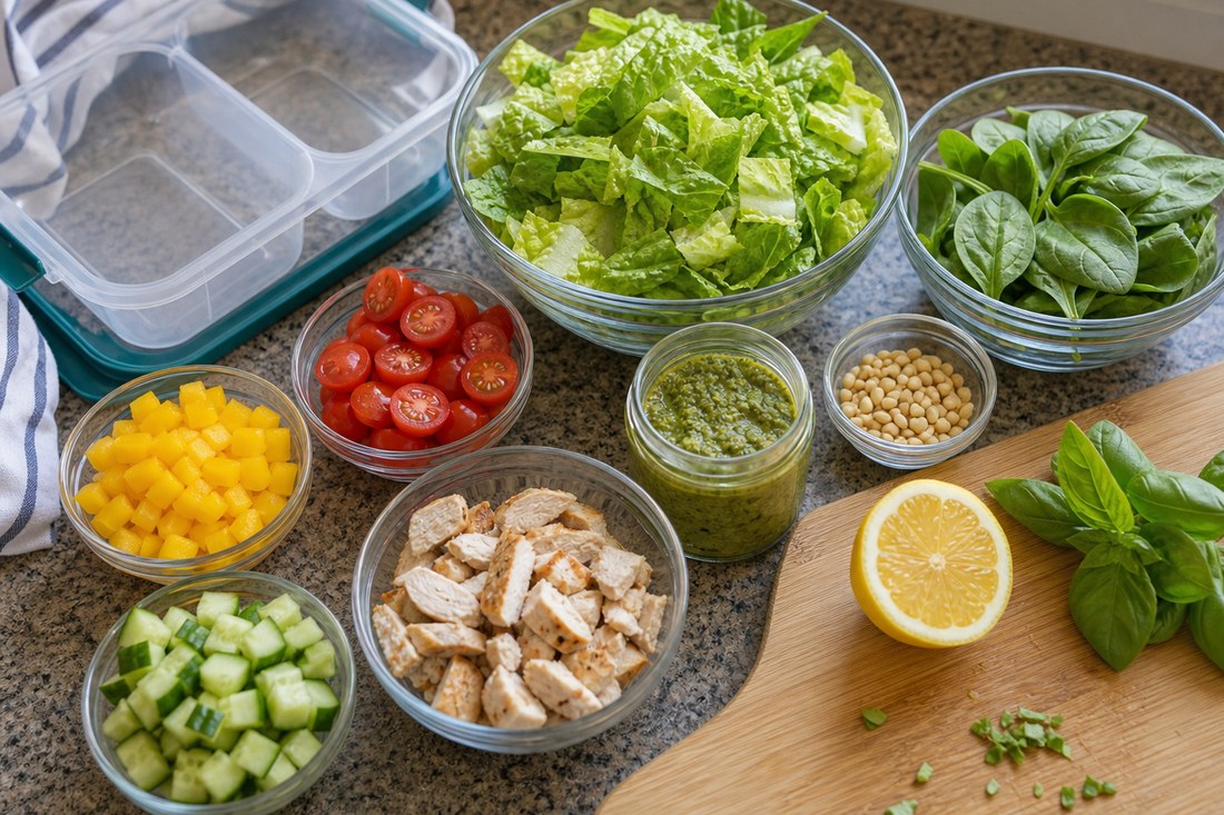Pesto chicken chopped salad ingredients with romaine, spinach, chicken, pesto, lemon, vegetables, and pine nuts.