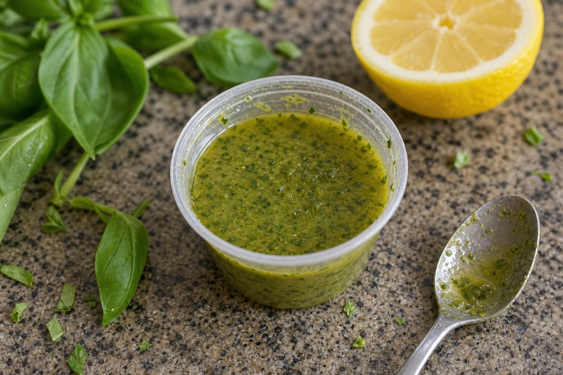 Small cup of lemon pesto dressing for pesto chicken chopped salad.