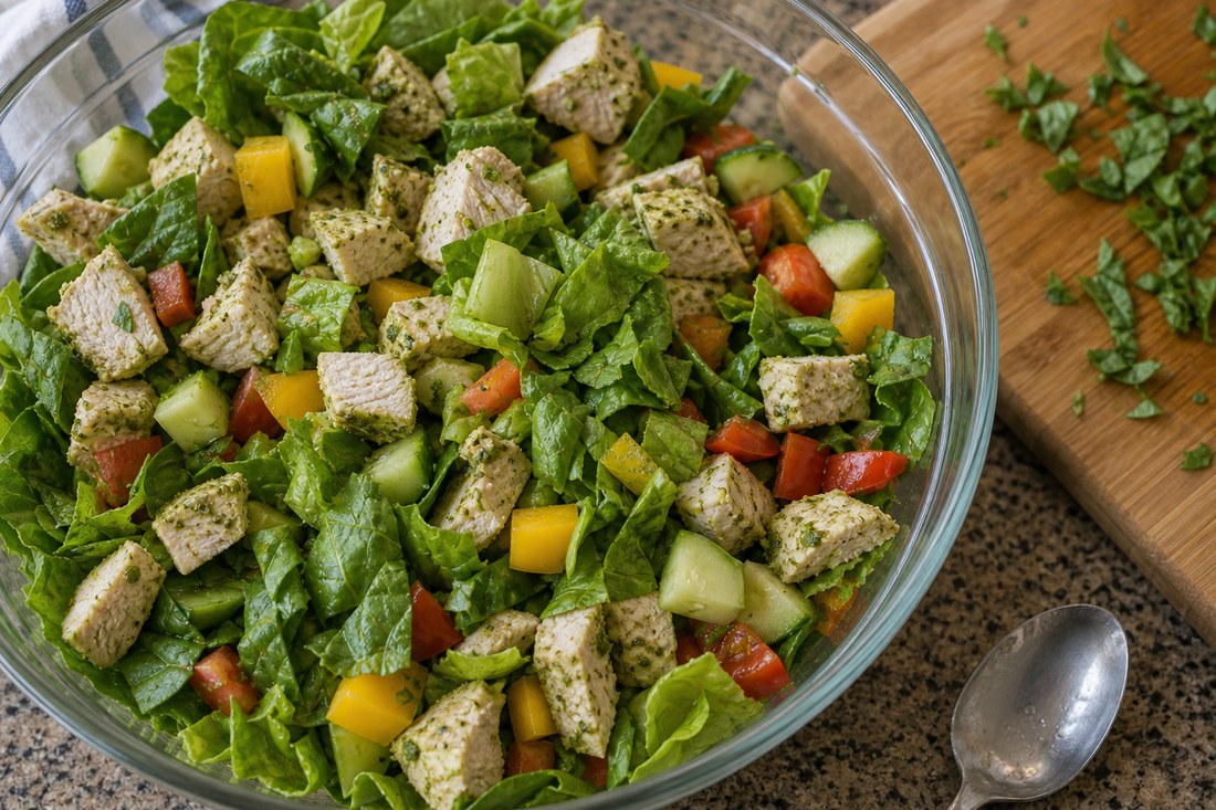 Pesto chicken chopped salad components loosely mixed in a bowl before dressing.