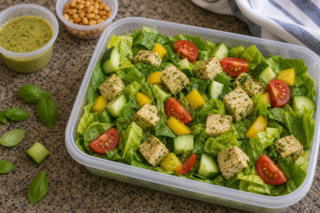 Packed pesto chicken chopped salad lunch box with dressing and pine nuts nearby.