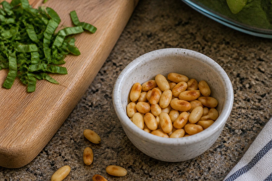 Toasted pine nuts kept dry for pesto chicken chopped salad.